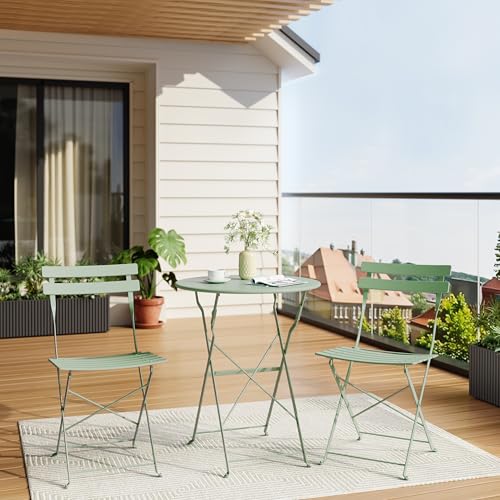 Bistro Table and Chairs Set of 2, 3 Piece Outdoor/Indoor Folding Patio Bistro Sets, 2 Chair Patio Furniture Set with Table, Premium Frame Foldable Coffee Tables for Balcony, Yard, Garden, Green