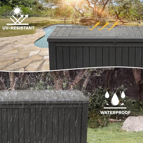 DWVO 220 Gallon Extra-Large Patio Deck Box, Waterproof Resin Outdoor Storage Box with Removable Divider for Patio, Garden, Pool, Furniture and Tools, Black
