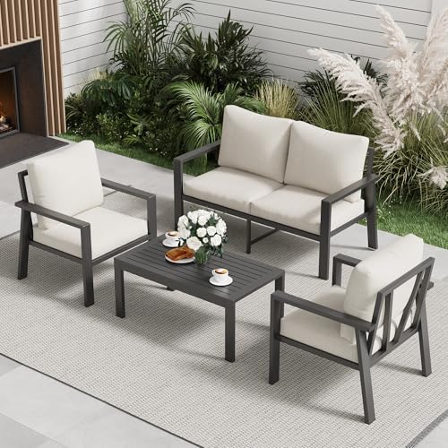 VONZOY Aluminum Patio Furniture Sets Metal Outdoor Furniture Set with Cushion All-Weather Sectional Sofa with Coffee Table for for Backyard, Garden and Poolside Easy Assembly(Beige)
