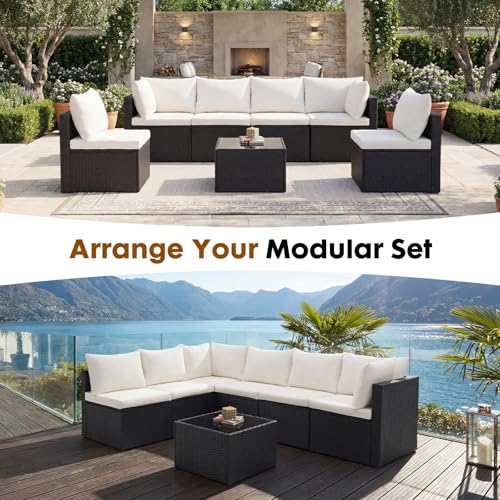 DUMOS 7 Piece Outdoor Patio Sectional Sofa, Modular Wicker Furniture Set with 2.8" Thick Cushions, Adjustable Feet, Weather-Resistant Rattan Outdoor Couch for Backyard, Deck, Garden, Poolside, Black