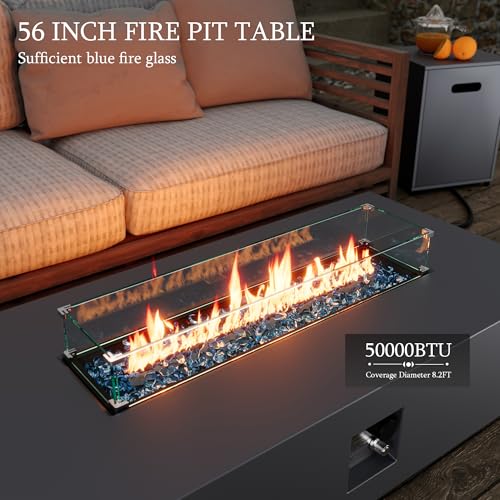 UPHA 56-inch Outdoor Propane Gas Fire Pit Table 50000 BTU Iron Rectangle Firepit for Outside Patio with Tank Hidden Table, Wind Guard, Removable Lid, Blue Glass Rocks, Rain Cover, Grey