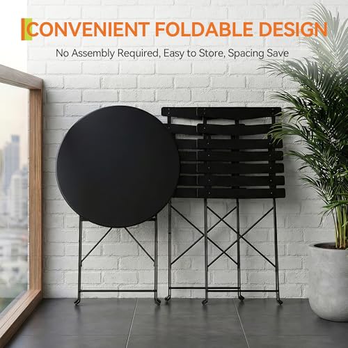 IDEALHOUSE Bistro Table and Chairs Set of 2, 3-Pieces Patio Bistro Set, Folding Design, No Assembly Need, Outdoor/Indoor Outdoor Patio Furniture Set for Balcony Yard Garden, Black