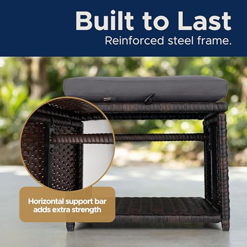 EZ Pro Goods Outdoor Storage Ottoman (Set of 2) - All-Weather Wicker Patio Footstool with Washable Cushions - Sturdy Rattan Foot Rest & Hidden Box for Deck, Porch, Backyard & Balcony