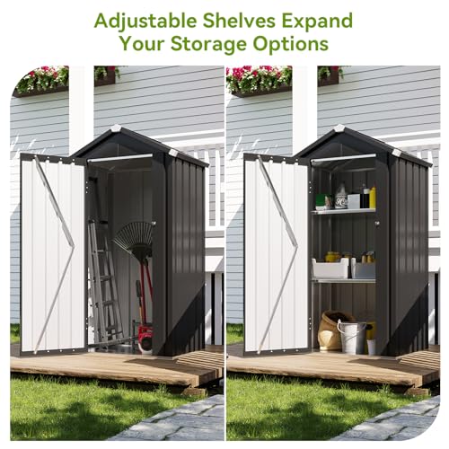 Aoxun Vertical Metal Tool Cabinet 2.5x2FT, 21 Cu.Ft Weatherproof Outdoor Storage Shed with Floor & Adjustable Shelves, Space-Saving Design for Garden, Garage, Patio