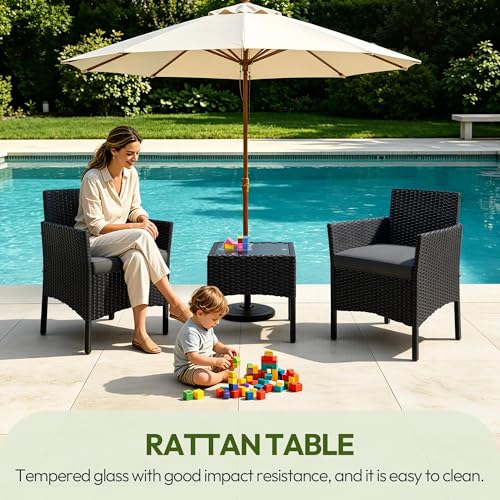 Yaheetech 3 Pieces Patio Conversation Set, Outdoor Rattan Bistro Furniture, 2 Chairs with Cushions & 1 Side Table for Bistro/Porch/Garden/Deck/Courtyard, Black/Khaki