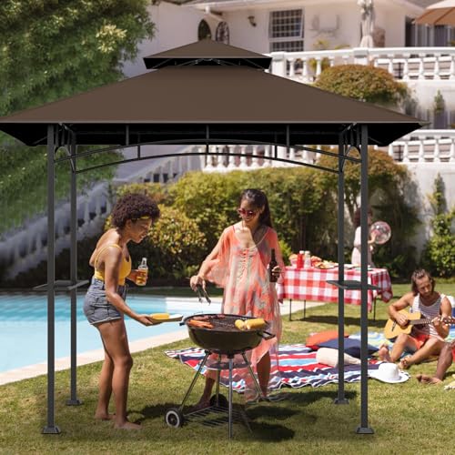 Grill Gazebo Replacement Top, 5 * 8 Outdoor BBQ Gazebo Top Cover, Double Layer BBQ Gazebo Top Canopy for Model #L-GG001PST-F(Brown)