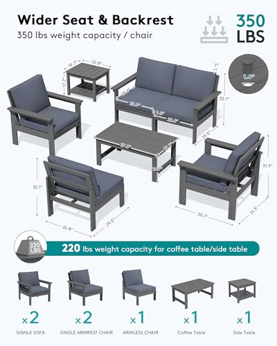 SERWALL HDPE Patio Furniture Set, 7-piece Outdoor Sectional Sofa Set, All Weather Outdoor Couch Set for Deck, Lawn, Grey Frame with Grey Cushion