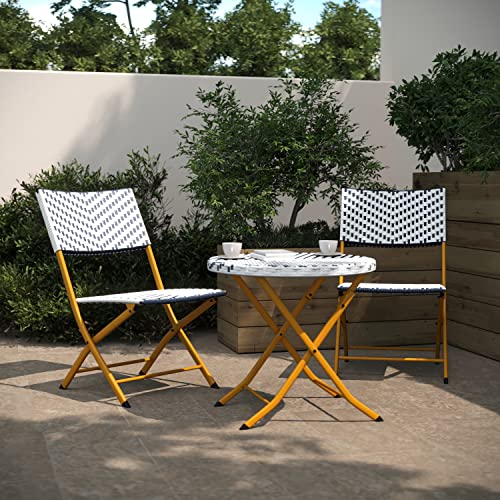 Flash Furniture Rouen Commercial Grade Folding Bistro Set, Indoor/Outdoor PE Rattan Table Top, Back and Seat, Natural Steel Frames, 3 Piece Set, Navy/White