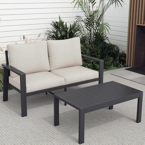 VONZOY Outdoor Loveseat with Coffee Table Small Furniture Aluminum Patio Love Seat Couch Outdoor Chairs with 4" Cushion Loveseats Sofa for Poolside,Balcony,Deck,Yard