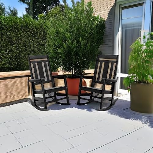 LUE BONA Outdoor Rocking Chairs Set of 2, Weather Resistant Poly Plastic Rocker, 350lb Heavy Duty, Oversized Porch Rocker for Adult, High Back Smooth for Outdoor & Indoor, Black