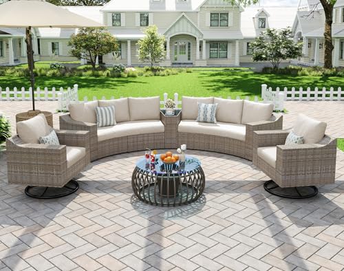 LUXOAK 9-Piece Wicker Patio Furniture Set with Swivel Rocking Chairs, Curved Sectional Sofa with Storage Table, All-Weather Outdoor Conversation Set with 6" Armrests, for Backyard/Garden/Deck