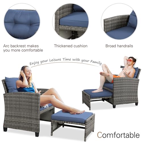 Vongrasig 5 Piece Patio Furniture Set, Small Balcony Furniture, PE Wicker Rattan Patio Chairs Set of 2, Outdoor Lounge Chairs with Cushions Ottomans &Glass Table for Porch Garden(Navy Blue)