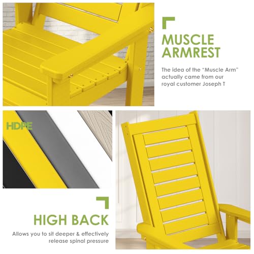 GREENVINES Outdoor Rocking Chairs | Set of 2 | Porch Rocker | HDPE Plastic | Yellow | Oversized Rockers | High Back | Big & Tall | Ladder Back | for Patio Outside Backyard Balcony Garden