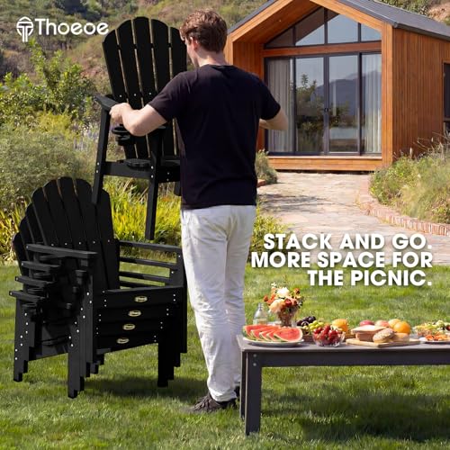 THOEOE Stackable Adirondack Chair Set of 4, HDPE All-Weather Adirondack Chairs - Durable and Space Saving, Plastic Outdoor Fire Pit Chairs with Cup Holder,Black