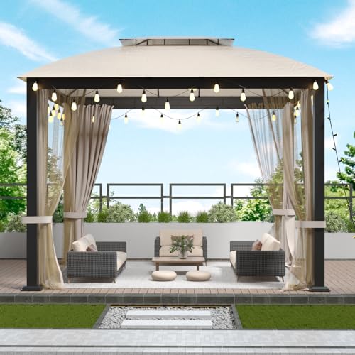 Patio Gazebo 10x10, Outdoor Gazebos, Heavy Duty Gazebo Soft Top Gazebos, Double Roofs Anti-UV Shelter with Privacy Curtains and Netting for Patio Deck Backyard Garden Lawns