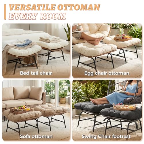 NICESOUL Indoor Outdoor Ottoman Set of 2, Large Wide Double Patio Footstool, PE Rattan Thicken Cushioned Footrest, All-Weather Wicker Furniture for Balcony, Porch, Living Room, Egg Chair, Beige