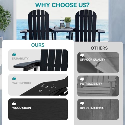 Vongrasig Adirondack Chairs Set of 2 with Removable Tabletop and Footrest, HDPE Plastic Outdoor Chair Set with Wooden Textured, Cup Holder for Patio, Poolside, Garden, Black, 5 Pieces