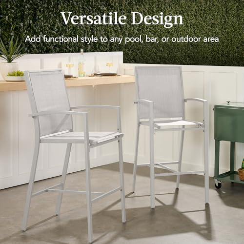 Best Choice Products Outdoor Bar Stools Set of 2, Bar Height, Patio Furniture, All Weather Mesh Design w/Armrest - Gray/Gray
