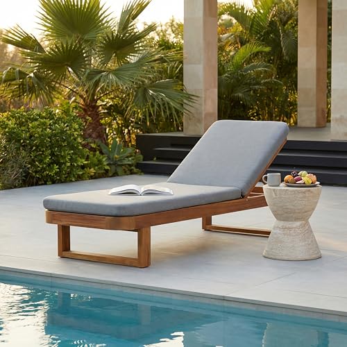 Christopher Knight Home Milos Acacia Wood Chaise Lounge Chair Outdoor, Wooden Sunbathing Pool Lounger, Patio Chaise Lounge with Cushions, Adjustable Backrest Lounge Sofa, Light Gray+Teak
