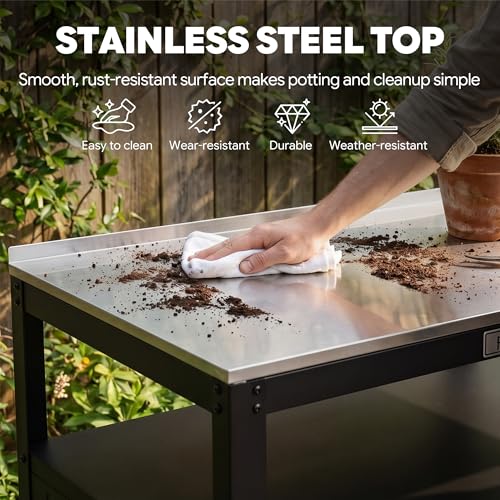 Feasto Outdoor Potting Bench with Storage, Stainless Steel Tabletop Garden Work Bench with Storage Cabinet & Removable Inner Shelf for Patio Lawn Outdoor Gardening