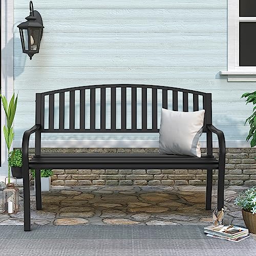 Maemttes Outdoor Bench Garden Bench, Weatherproof Anti-Rust Heavy-Duty Outside Benches Clearance, Wrought Iron Metal Bench for Front Porch, Patio, Park