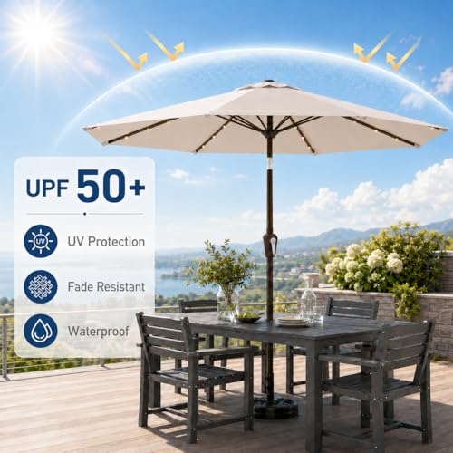Patio Kingdom 11FT Solar Patio Umbrella with Lights, Outdoor Table Market Umbrella with 32 LED Lights, 8 Sturdy Ribs, Smooth Crank Lift for Pool, Deck and Garden, UV-Resistant, Beige