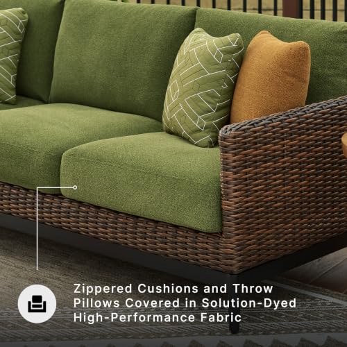 Signature Design by Ashley Horizon Hall Outdoor Sofa with Cushions, Rust-Resistant Aluminum Frame, Handwoven Resin Wicker 3-Seat Patio Couch for Deck or Sunroom, Green/Brown, 88" W