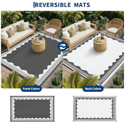 Garvee Outdoor Rug 5x8 Scalloped Waterproof Patio RV Outdoor Rugs Reversible Foldable Plastic Straw Rug Modern Camping Carpet for Deck Camper Porch Balcony Backyard Picnic Beach Grey