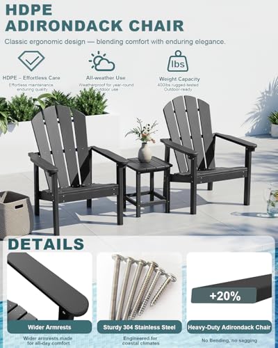FOLAWO Adirondack Chair Set of 4, All Weather HDPE Fire Pit Chairs, Oversized Plastic Adirondack Chair for Outdoor, Balcony, Deck, Backyard, Patio, Garden, Poolside, Lawn Black
