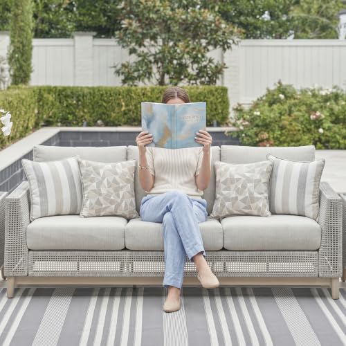 Signature Design by Ashley Seton Creek Cottage Nuvella Weather Resistant Fabric Outdoor Sofa with Cushion and 4 Throw Pillows, Light Brown & Light Gray