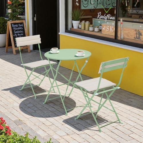 Bistro Table and Chairs set of 2, 3 Piece Folding Outdoor Patio Bistro Set with Comfortable Cushions, Weather-Resistant Stable Small Patio Furniture Set for Backyard Balcony Porch Coffee Shop, Green