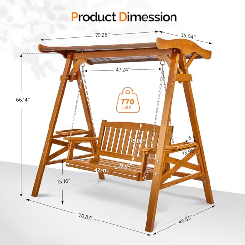 VINGLI Porch Swing with Stand, Porch Swing with Canopy, Waterproof Patio Swing with Cup Holder, Outdoor Swing Set for Garden, Yard, Patio, Teak