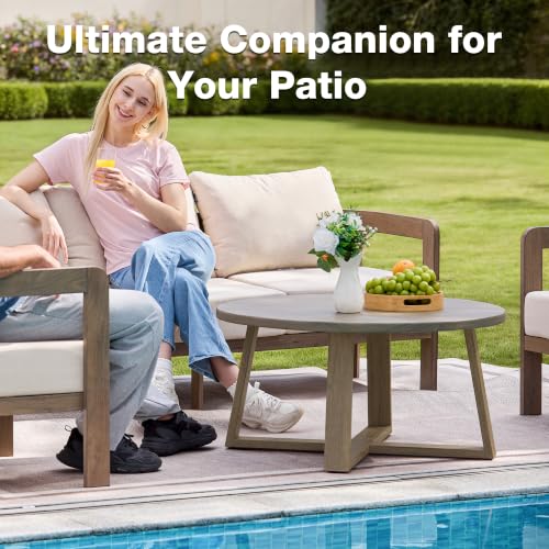 COMLAX FIELD Indoor Round Coffee Table with 35.5” Woodgrain Finish Table Top, Outdoor Metal Modern Side Table 125lbs for Backyard Porch Balcony Living Room, Brown