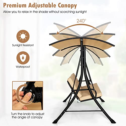 Tangkula 3 Person Porch Swing, Outdoor Swing with Removable Cushions, Solid Steel Structure, Patio Swing with Adjustable Canopy for Garden, Backyard, Balcony, Poolside Beige
