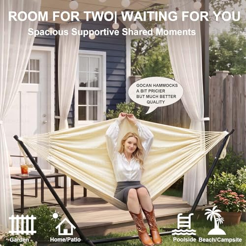 Double Hammock 500 lbs Load Capacity, Polyester Cotton Hammock, Suitable for Patio Porch, Garden and Backyard Relaxation, Indoor & Outdoor Use (Beige)