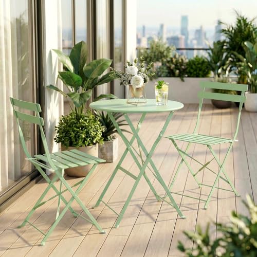 Bistro Table and Chairs set of 2, 3 Piece Folding Outdoor Patio Bistro Set with Comfortable Cushions, Weather-Resistant Stable Small Patio Furniture Set for Backyard Balcony Porch Coffee Shop, Green