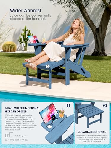 KINGYES Adjustable Folding Adirondack Chair with Footrest & 4-in-1 Multi-Functional Armrest Organizer, HDPE Foldable Recliner Adirondack Chair with Pull-Out Ottoman, Blue