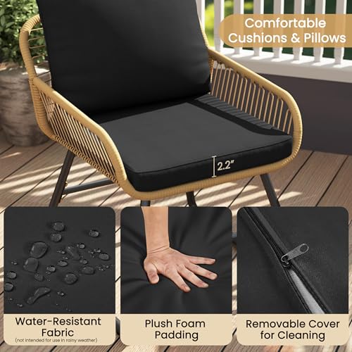 Yaheetech 3 Piece Patio Bistro Set Outdoor Wicker Bistro Furniture Sets, 2 Rattan Chairs and Glass Top Table for Patio, Balcony, Porch, Poolside, Backyard 3 PCS/Tan/Black