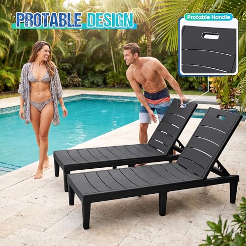 Greesum Outdoor Chaise Lounge Chair Set of 2, Waterproof 5-Position Adjustable PP Sun Loungers for Patio, Poolside, and Beach Sunbathing, Black