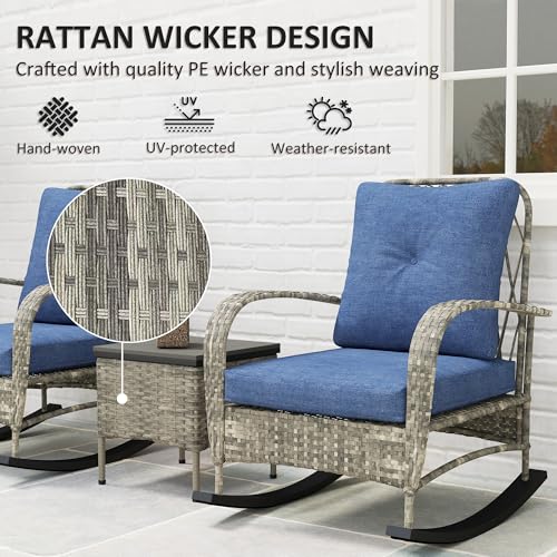 Outsunny 3 Piece Wicker Patio Furniture Set, PE Rattan Rocking Chairs with Coffee Table, Cushions, Outdoor Bistro Set for Porch, Garden, Poolside, Gray