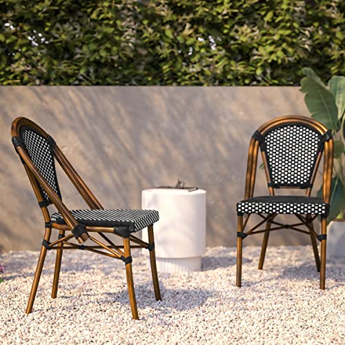Flash Furniture Bordeaux Set of 2 Indoor/Outdoor Commercial Bistro Stack Chairs - Black/White PE Rattan Back and Seat - Natural Bamboo Print Aluminum Frame