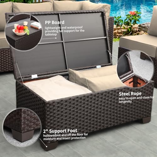 Rattaner 5-Piece Outdoor Furniture Set Patio Furniture Set Outdoor Couch Coffee Table with Storage Non-Slip Cushions and Waterproof Covers, Khaki