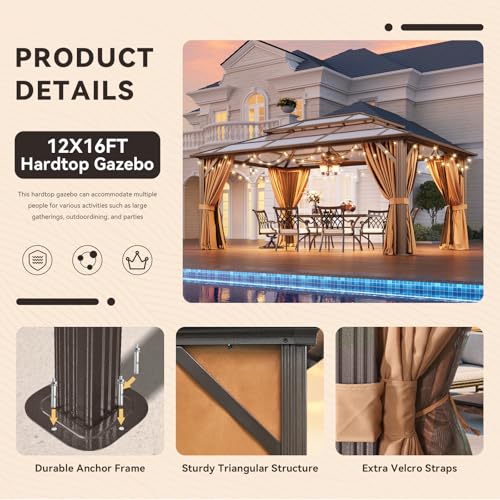Aoxun 12'x16' Hardtop Gazebo, Outdoor Metal Gazebo with Double Polycarbonate Roof Canopy, Permanent Pavilion with Netting and Curtains for Lawn, Garden, Patio (Brown)