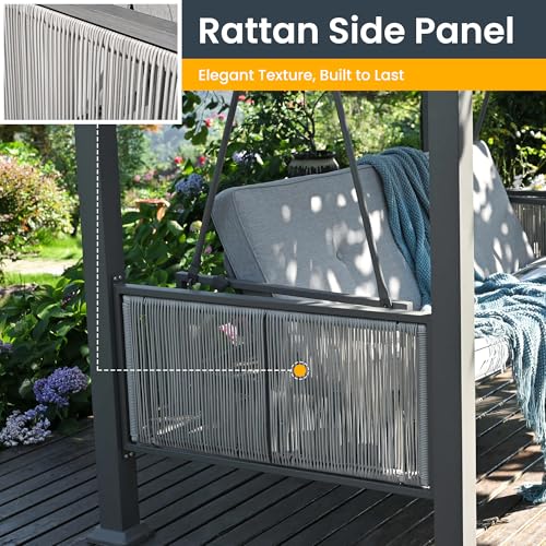 Pamapic 3-Seat Porch Swing with Stand, 990 LBS 2 in 1 Convertible Bed Patio Swings with Canopy Adjustable, Wicker Side Panel Swing Chair Outdoor with Cushion for Backyard, Porch, Garden (Gray)