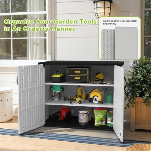 Devoko 26 Cu Ft Plastic Outdoor Storage Shed, Horizontal Resin Storage Cabinet with Lockable Door, Water-Resistant Backyard Storage Box for Garden Patio, White, Shelf Not Included