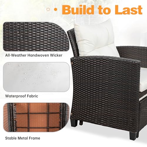 Shintenchi 5 Pieces Patio Furniture Set, Outdoor Wicker Patio Conversation Set with Ottoman, All Weather Rattan Outside Chairs with Coffee Table & Cushion for Porch, Garden, Backyard, Beige