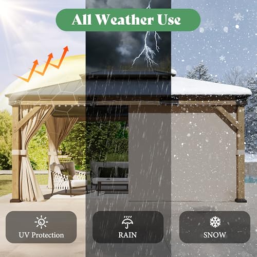 AMERLIFE 12' x 14' Heavy Duty Hardtop Gazebo with Double Metal Roof, Wood Gazebo with Privacy Curtains & Mosquito Netting, Outdoor Pavilion for Backyard, Garden & Patio, Brown
