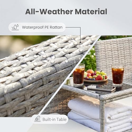 2-Seat Gray Wicker Outdoor Loveseat with Glass Coffee Table & cushions