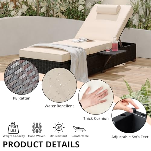 PeakPursuit Patio Lounge Chairs,Outdoor PE Wicker Chaise Lounge Set of 2,Chaise Lounge Chair Outdoor，Pool Furniture,Brown Rattan Recliners with Adjustable Backrest,Storage Table,Beige
