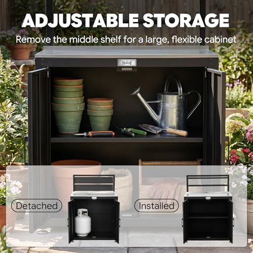 Feasto Outdoor Potting Bench Table with Storage Cabinet, Stainless Steel Garden Workstation, Raised-Edge Top, Adjustable Shelf & Removable Hutch for Patio, Balcony & Outdoor Workspace, Black